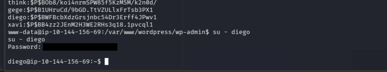 Successful switch from www-data to Diego with the password redacted